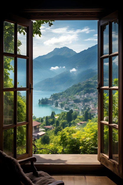 uma janela aberta com vista para um lago e montanhas Vista da janela a partir de uma janela aberta