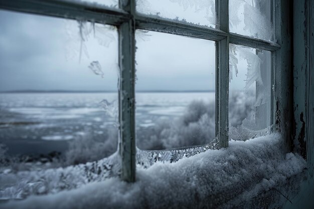 Uma janela coberta por uma camada de intrincados cristais de gelo criando uma deslumbrante paisagem de inverno uma janela gelada com vista para uma tempestade de inverno generada pela IA