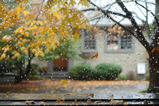 Uma janela com gotas de chuva e folhas caindo do lado de fora