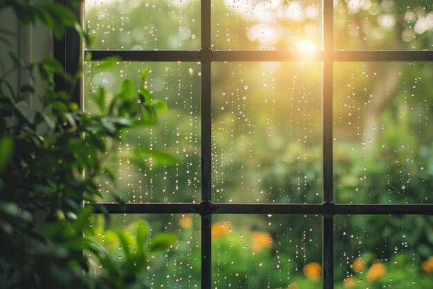 Uma janela com gotas de chuva e um sol brilhante a brilhar