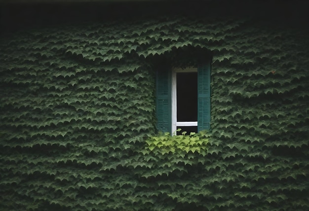 Uma janela com persianas abertas centradas em uma parede completamente coberta de hera verde densa