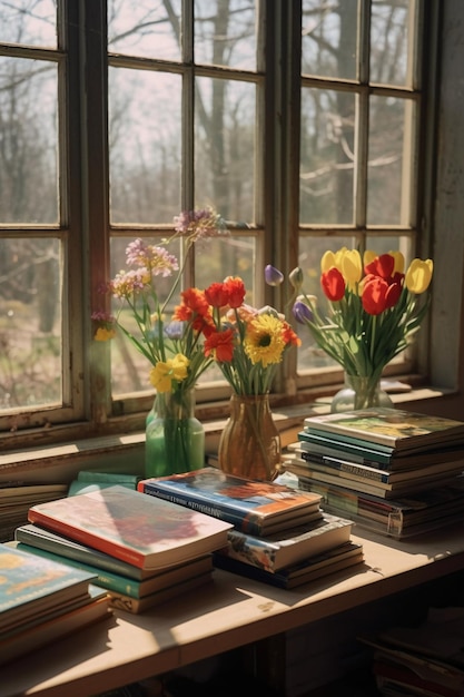 Uma janela com um buquê de flores e um livro sobre a mesa.
