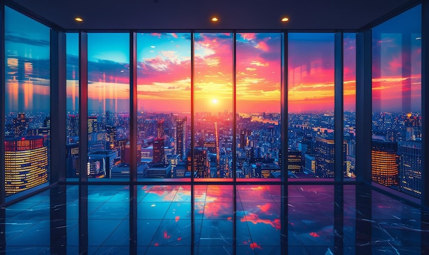 Foto uma janela com um pôr-do-sol e uma paisagem urbana no fundo