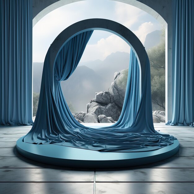 uma janela com uma cortina azul que diz "a palavra" nela