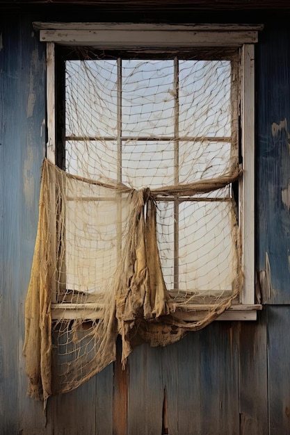 uma janela com uma cortina que diz " pesca "