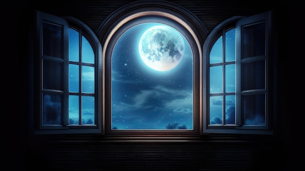 Uma janela com uma lua cheia e uma lua