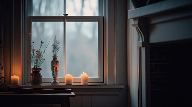 Uma janela com uma vela e um vaso de flores