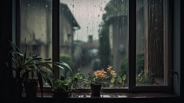 Uma janela com vista para as gotas de chuva