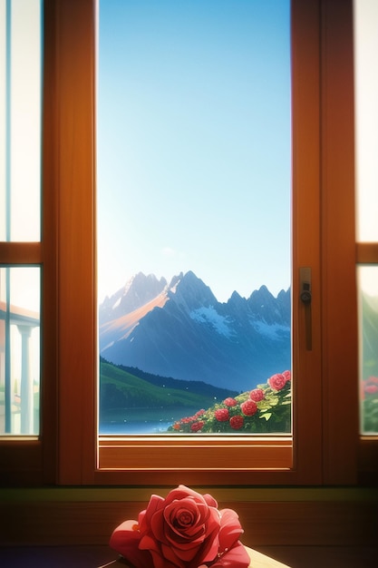 Uma janela com vista para as montanhas e uma montanha ao fundo
