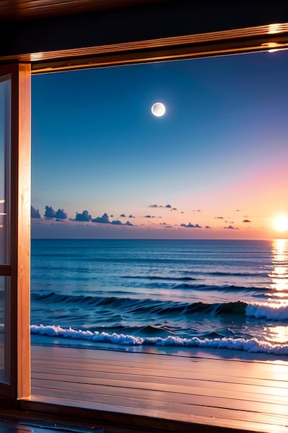 Uma janela com vista para o mar e a lua.