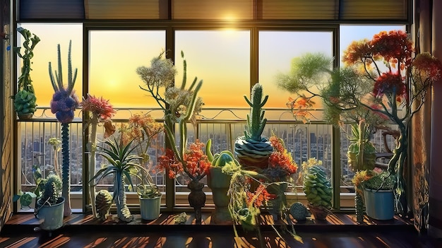 Uma janela com vista para uma cidade e plantas.