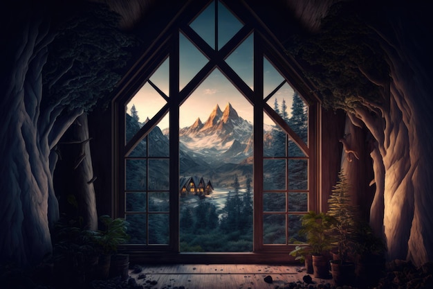 Uma janela com vista para uma montanha e uma floresta.