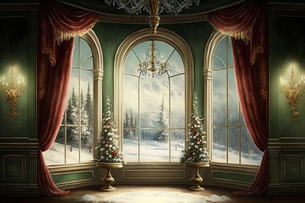Uma janela com vista para uma paisagem de neve.