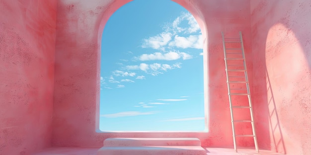 Uma janela de arco e uma escada em um fundo rosa são enquadradas por um céu azul