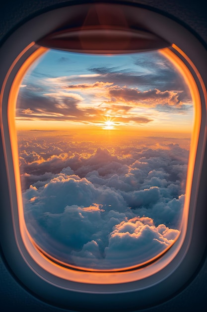 Uma janela de avião mostrando o céu enquanto o pôr do sol é visível