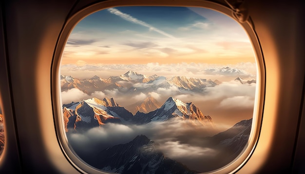 Uma janela de um avião com vista para as montanhas e o céu