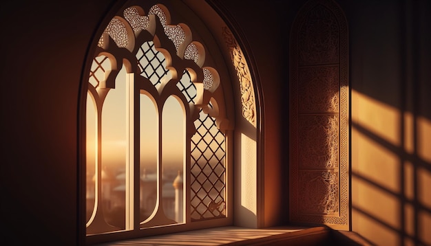 Uma janela em um castelo com o sol brilhando através dela.