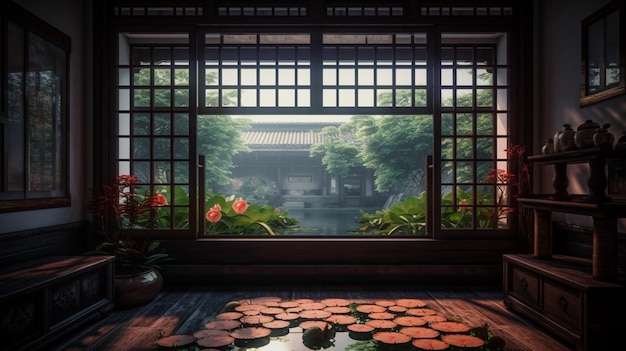 Uma janela em um jardim chinês