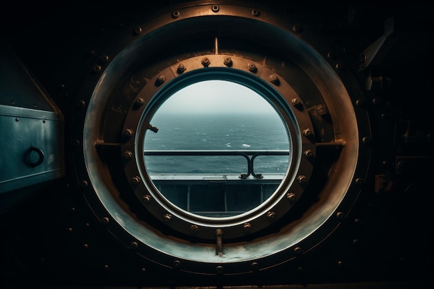 Foto uma janela em um navio com o mar ao fundo
