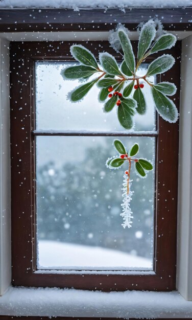 Uma janela gelada com vista para o visco e a neve
