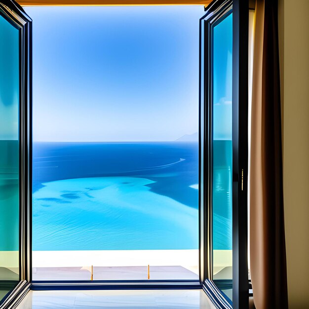 Uma janela que se abre para o oceano e o céu é azul.