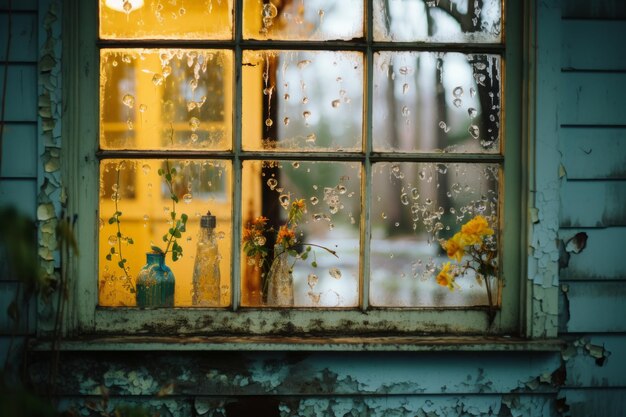 uma janela velha com gotas de chuva