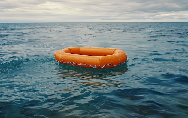 Foto uma jangada de salvação inflável laranja vazia à deriva nas ondas do oceano, simbolizando isolamento e perigo