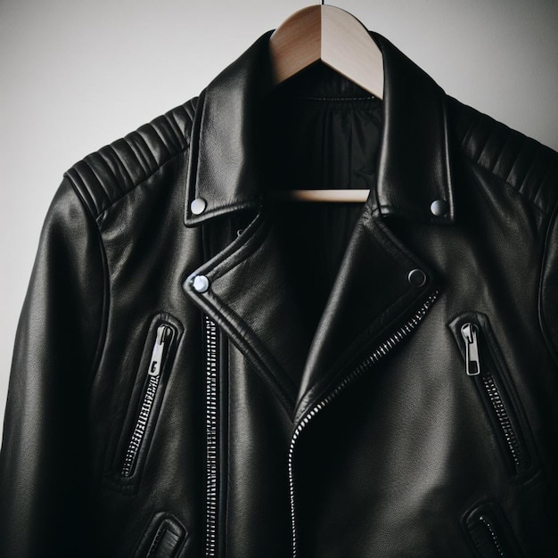 uma jaqueta de couro preta com um zíper na frente em fundo branco