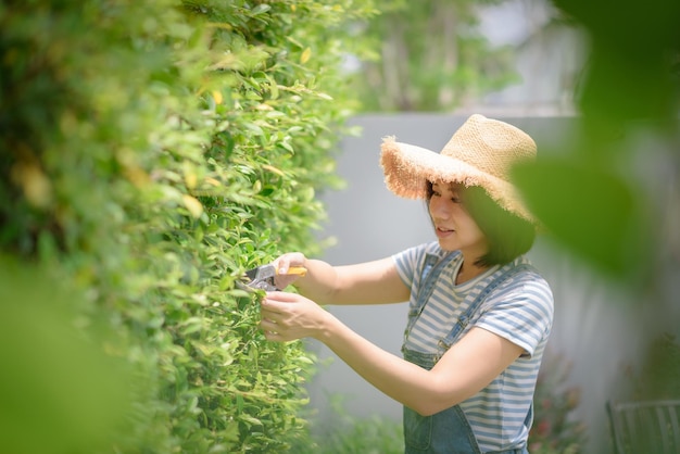 Uma jardineira asiática está podando plantas no jardim