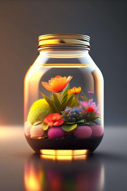 Uma jarra com flores e pedras dentro