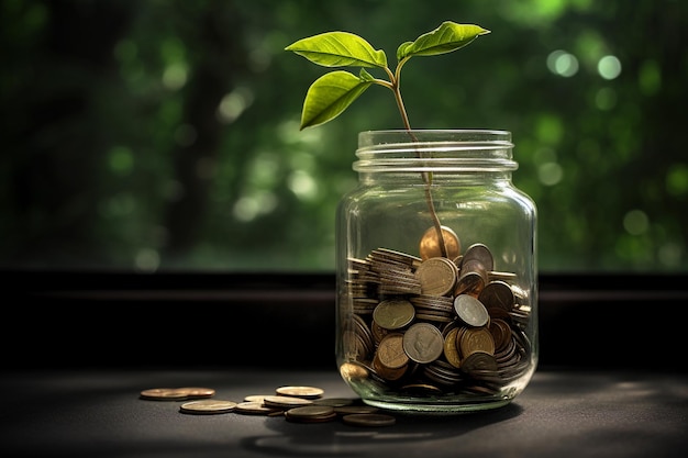 Uma jarra com moedas e uma planta crescendo dentro