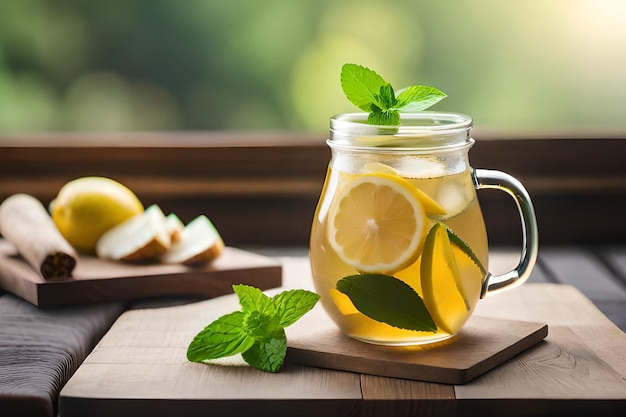 Uma jarra de chá gelado com rodelas de limão e folhas de hortelã em uma mesa de madeira.
