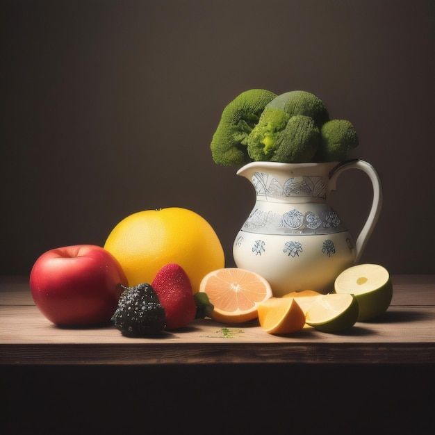 Uma jarra de frutas branca e azul com um monte de brócolis dentro.