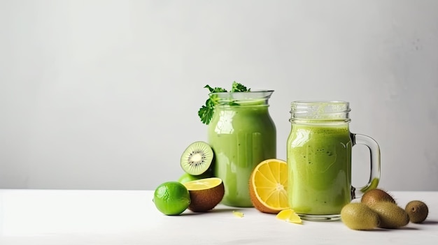 Uma jarra de vidro com smoothie verde com um monte de kiwis ao lado.