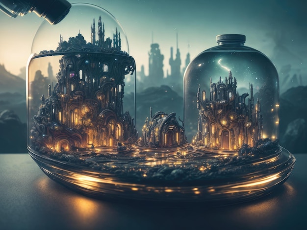 Uma jarra de vidro com uma cidade futurística dentro que diz Fire Town