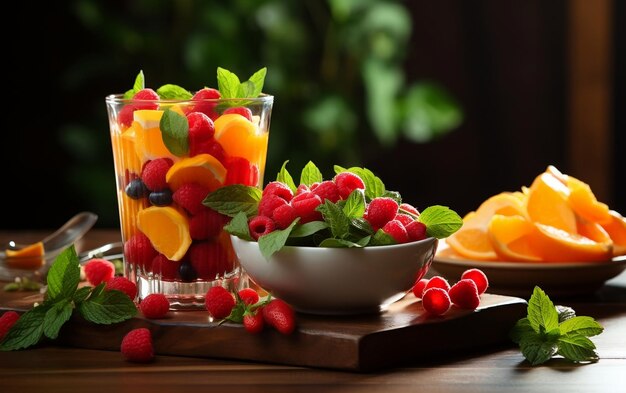 Uma jarra refrescante de suco de laranja com uma exibição vibrante de IA de frutas frescas