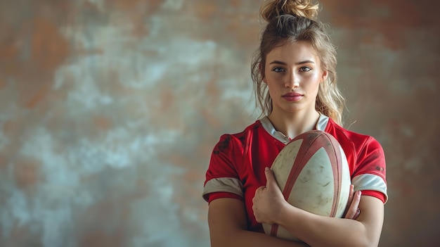 Foto uma jogadora de rugby com uma bola de rugby com espaço vazio em um cenário limpo ia generativa