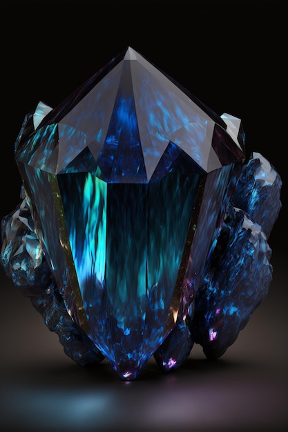 Uma joia azul fica sobre um fundo escuro.