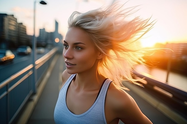 Uma jovem a correr numa ponte na cidade.