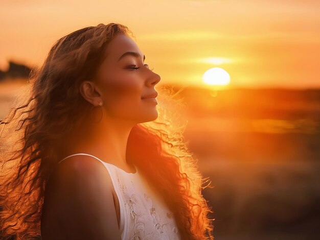 Foto uma jovem a desfrutar do pôr-do-sol que irradia elegância e beleza.