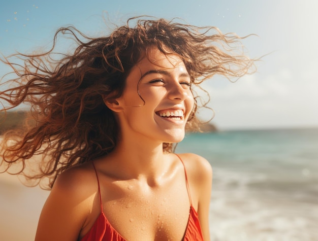 Uma jovem a rir-se na praia.