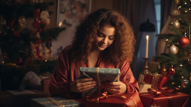 Uma jovem abrindo um presente de Natal Generative Ai