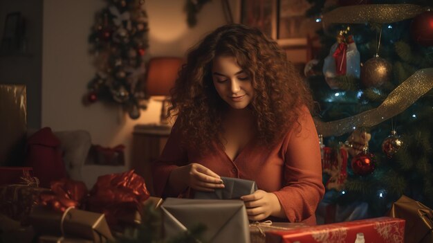 Uma jovem abrindo um presente de Natal Generative Ai