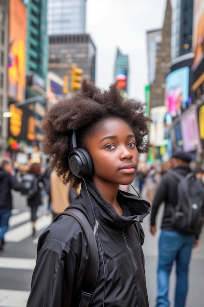uma jovem africana com cabelo afro e fones de ouvido sem fio ouvindo música está atravessando uma rua