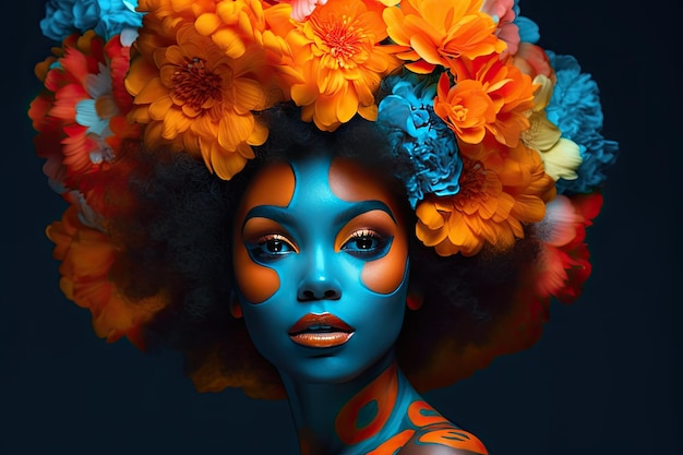 Uma jovem africana com maquiagem colorida senta-se em um quarto escuro inspirado na pop art e no poder das flores com tons de laranja escuro e azul claro Perfeito para design contemporâneo Generative AI