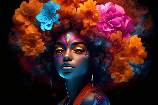 Uma jovem africana com maquiagem colorida senta-se em um quarto escuro inspirado na pop art e no poder das flores com tons de laranja escuro e azul claro Perfeito para design contemporâneo Generative AI