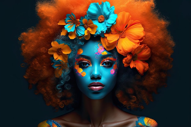 Uma jovem africana com maquiagem colorida senta-se em um quarto escuro inspirado na pop art e no poder das flores com tons de laranja escuro e azul claro Perfeito para design contemporâneo Generative AI