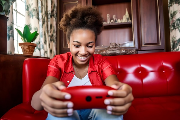 uma jovem africana em um sofá vermelho com um joystick nas mãos com entusiasmo e alegria