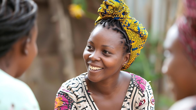 Uma jovem africana usando um lenço tradicional sorri para longe da câmera