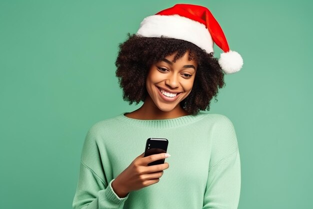 Uma jovem afro-americana alegre usa suéter de Natal tricotado com chapéu de Papai Noel posando para uso manual